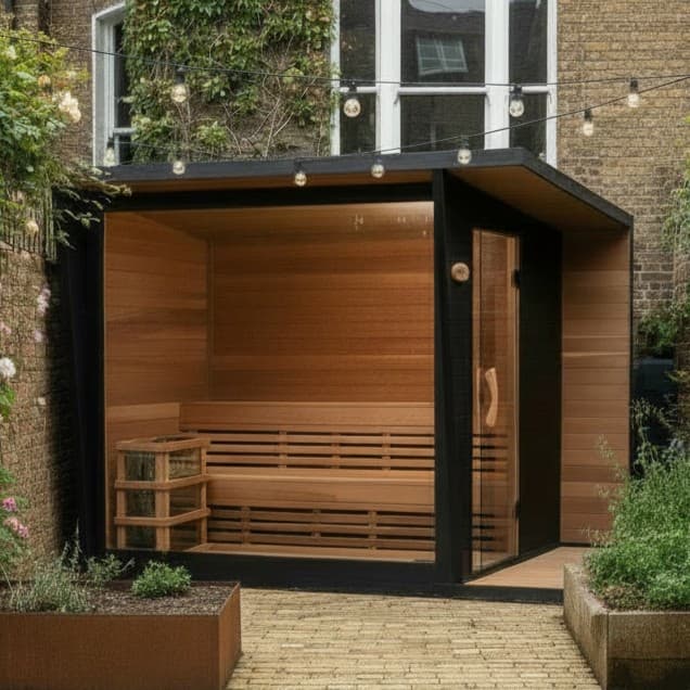 Odyssey outdoor sauna cladding, bench and glass front